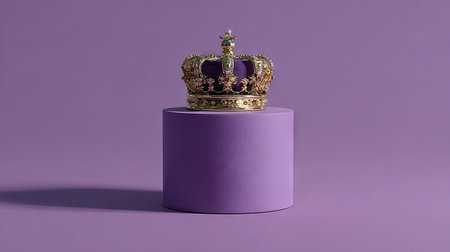 A gold crown rests atop a cylindrical purple pedestal. The crown displays ornate details and gemstones. The image exhibits a studio-style lighting, emphasizing the textures and forms. The composition creates a sense of luxury, and could be used for various commercial or editorial needs.の素材