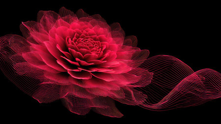A digital illustration showcases a large red flower against a stark black background. Delicate lines create a sense of movement. The composition features soft lighting and textures, suitable for artistic and decorative applications. This image could be used for various design projects.の素材