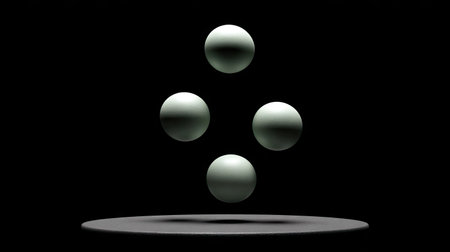 Four illuminated spheres levitate above a circular platform against a deep black backdrop. The minimalist composition features soft shading and a three-dimensional effect, creating a sense of depth. Suitable for visual concepts and graphical design, this image can be utilized in various commercial projects.の素材