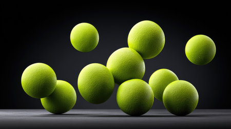 Several lime green spheres float in a dynamic arrangement against a dark backdrop. The composition features a mix of shadows and highlights, emphasizing the spherical forms. This image could be used for various commercial projects, including advertising or illustrative purposes, conveying themes of movement and abstraction.の素材