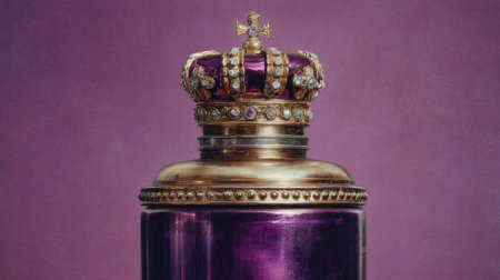 A close-up view presents a perfume bottle adorned with a jeweled crown. The bottle features a deep purple hue, contrasted by golden accents. Overhead lighting illuminates the textures. This image can be used for fragrance advertising and editorial content related to luxury and royalty.の素材