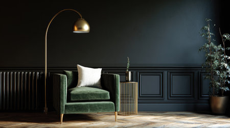 An inviting living space features a green armchair, a gold floor lamp, and a small side table. The dark walls and ornate paneling provide a dramatic backdrop. Natural light highlights the textures of the wooden floor and the velvet upholstery. Suitable for interior design visuals, marketing materials, and editorial use.の素材