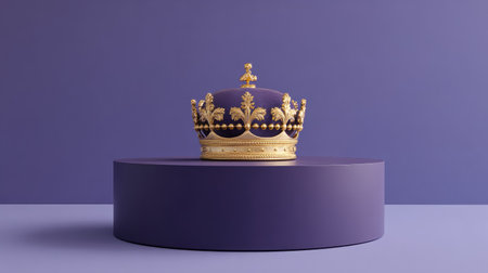 A regal crown, featuring golden details and a deep purple hue, rests atop a cylindrical pedestal. The composition showcases a smooth, matte finish and even lighting against a matching backdrop. Ideal for themes of luxury, success, or leadership, the image is suited for various commercial and editorial applications.の素材