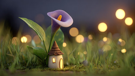 A close-up illustration displays a whimsical scene with a purple calla lily and a small house illuminated with a soft glow. The vibrant green grass and bokeh lights in the background create a dreamlike atmosphere. Suitable for use in design projects, advertising, or as a decorative element.の素材