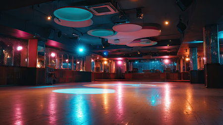 An empty dance floor is illuminated by vibrant colored lights, creating a dynamic visual experience. The scene includes a dark environment with decorative ceiling fixtures and architectural details. It could be used for promoting nightlife, music events, or creating a sense of atmosphere in advertising or editorial projects.の素材