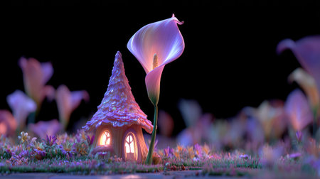 An enchanting scene features a small house beside a calla lily, bathed in soft light. The composition highlights pastel colors and a whimsical aesthetic, with a blurred background. The image evokes a sense of fantasy, suitable for use in illustration and design projects, as well as editorial content.の素材