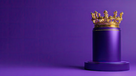 A golden crown sits atop a purple cylinder against a matching backdrop. The image features a studio-lit composition with a focus on color and texture. Its design suggests themes of power and elegance. Suitable for various commercial uses, including advertising and editorial content.の素材
