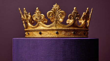 A detailed golden crown rests upon a purple cylindrical pedestal, set against a dark background. The lighting highlights the crown's intricate design and textures, showcasing its ornate details. The image could be used for various commercial or editorial purposes related to royalty, luxury, or historical themes.の素材