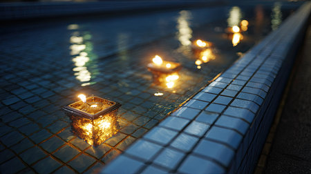 Candles float on water, casting a warm glow. The scene displays low-light conditions, with a blurred background. The composition highlights the reflections and textures of the water. This image could be used for various projects, including editorial or decorative purposes.の素材