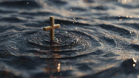 A golden cross rests in dark water, creating concentric ripples. The image features a shallow depth of field, highlighting the cross and water droplets. The scene is illuminated by soft light, suggesting an outdoor environment. Suitable for religious, inspirational, or editorial purposes.の素材