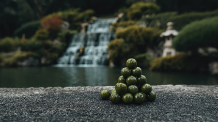 Green spheres are arranged on a stone surface in this image. A waterfall and lush vegetation create a blurred background. The scene suggests an outdoor setting with natural light and a focus on texture and form. This image could be used for various commercial and editorial projects.の素材