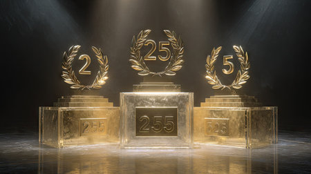 Three golden award trophies stand on a dark backdrop, illuminated by spotlights. Each trophy displays a number, possibly representing an anniversary or ranking. The scene showcases a textured surface reflecting the light, with laurel wreaths encircling the numbers. Suitable for commercial or celebratory purposes, the image conveys achievement and recognition.の素材
