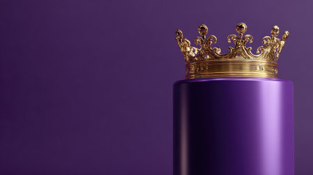 A golden crown rests atop a cylindrical purple pedestal, set against a matching background. The image showcases a studio-style lighting setup, emphasizing the gold's shine and the object's elegant design. Suitable for illustrative purposes, this image could be used in various commercial or editorial applications.の素材