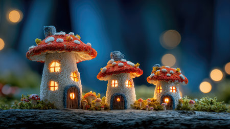 Three whimsical mushroom houses, illuminated from within, are set against a blurred background. The houses display vibrant orange and white details with soft, inviting light. This scene evokes a fairy tale atmosphere, suitable for illustrating themes such as imagination, childhood, and fantasy, and ideal for commercial use.の素材