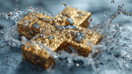 An intricately detailed golden cross is shown amidst a dynamic splash of water. The composition is focused, featuring close-up details, with clear droplet formations. The textures are rough and metallic. This scene suggests themes related to faith and spirituality. It could be used in various commercial or editorial applications.の素材