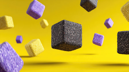 Numerous textured cubes of varying sizes and colors are suspended against a bright yellow backdrop. The composition features a dynamic arrangement with objects seemingly in motion. This visual presentation, with its clean lines and appealing palette, is well-suited for diverse commercial projects. The lighting appears soft and even throughout the scene.の素材