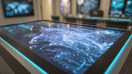 An interactive table showcases digital data projections in a modern indoor environment. The surface glows with blue and white colors, hinting at complex information display. Overhead lighting reflects off the screen creating a dynamic visual. This image is suitable for various commercial or editorial uses related to technology or data.の素材