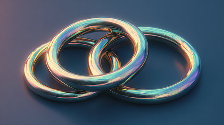 Three interconnected rings, rendered in a 3D style, are the focal point of this image. The rings display a metallic sheen with gradients of color. The composition, set against a dark, minimalist backdrop, creates a clean visual that could suit a variety of design applications, including commercial projects.の素材
