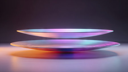 Two abstract plates float in an artistic composition, showcasing a palette of iridescent colors. The smooth, reflective surfaces are illuminated by soft, diffused lighting, creating gradients. This modern design suggests a sense of innovation and is suitable for various conceptual projects or visual presentations.の素材