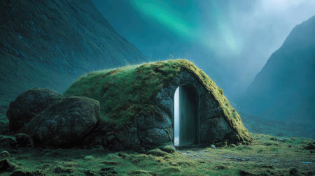 A quaint hobbit house, covered in vibrant green grass, stands nestled amidst towering mountains. The scene is illuminated by the ethereal glow of the Northern Lights in the sky. The composition emphasizes natural textures and a serene, untouched environment, suitable for various editorial and commercial applications.の素材