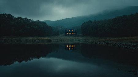 A secluded house sits on the edge of a still lake under a moody, overcast sky. The image displays a tranquil ambiance with dark blue and green tones. The building is illuminated, with its lights reflected in the water, and the composition is a landscape scene. This imagery could be used for editorial and commercial projects.の素材