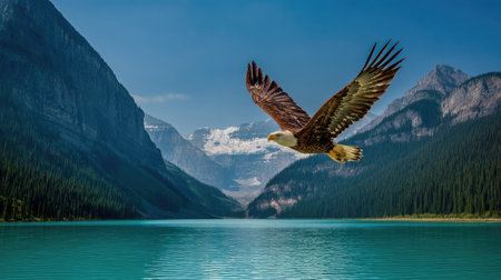 An eagle, captured mid-flight, dominates this landscape. Its brown and white feathers contrast against the blue sky and water. The composition highlights the bird's wingspan against a backdrop of mountains and a serene lake. Suitable for nature-themed projects, editorial illustrations, and environmental concepts.の素材