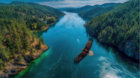 An eagle soars gracefully above a vibrant river, flanked by dense green forests. The composition highlights the beauty of nature, with a focus on the bird's flight and the landscape. The scene, possibly captured during daylight, suggests a vast and open natural environment. Suitable for a variety of editorial or commercial purposes.の素材