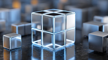 A close-up view presents a metallic cube highlighted with a blue glow. The reflective surface captures light, while a blurred background showcases additional similar geometric shapes. This image emphasizes modern design elements, potentially suitable for digital design, technology articles, or conceptual visualizations without specific location references.の素材