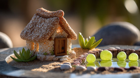 This image showcases a meticulously crafted miniature house constructed from edible components. The house is surrounded by food elements, stones, and plants, suggesting a whimsical, imaginative environment. The soft lighting and natural background enhance the overall visual appeal. Suitable for various creative and conceptual applications.の素材