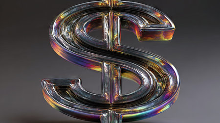 A visually striking image features a dollar sign rendered in a metallic style with a spectrum of rainbow hues. The artwork showcases reflective surfaces and lighting effects, enhancing the three-dimensional appearance. Suitable for commercial applications, the design could be utilized in presentations and marketing materials.の素材