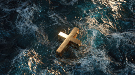 A golden cross rests upon turbulent water, contrasting the metal with the dynamic blue tones of the waves. The image presents a sense of isolation and resilience, likely created with digital techniques. This visual could be used in projects about faith, spirituality, or themes of challenge and hope.の素材