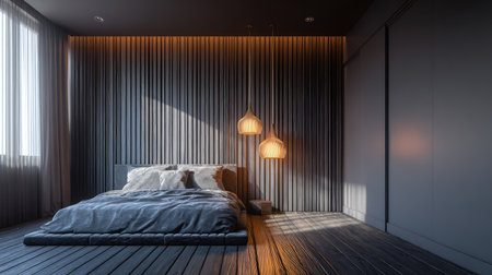 This image showcases a modern bedroom interior featuring a bed with pillows and a dark, textured wall. Warm lighting illuminates the scene, enhancing the stylish decor. The composition uses natural light creating shadows. Suitable for use in design, architecture, or lifestyle publications and projects.の素材