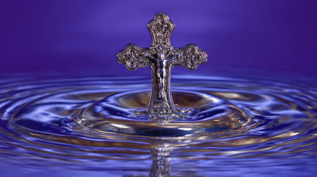 A close-up captures a reflective metallic cross, possibly a sculpture, emerging from water, generating concentric ripples. The object is set against a smooth, dark blue background. The composition features a high degree of detail, with bright highlights creating a sense of depth and volume. Potential uses include religious themes and conceptual designs.の素材