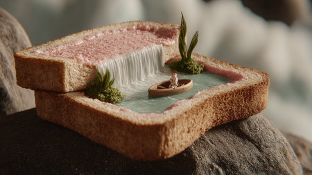 A close-up view depicts a unique composition featuring a slice of bread transformed into a miniature landscape. A small waterfall cascades into a pond, complete with a tiny boat and verdant plants. The scene, bathed in soft light, suggests a whimsical or conceptual approach, possibly suitable for advertising or artistic projects.の素材