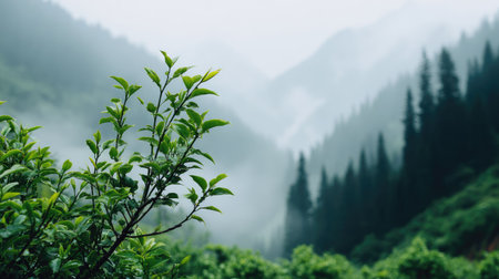 The image showcases vibrant green plant leaves in the foreground with a blurred view of a mountain range. The misty atmosphere suggests a natural outdoor setting, possibly in a forest or high-altitude environment. This visual is suitable for various commercial uses, including environmental themes and nature-related projects.の素材