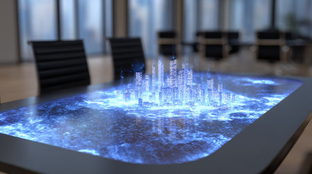 A conference table displays a holographic city projection in an office environment. The scene showcases a futuristic concept with a focus on technology and innovation. The composition includes chairs, table, and a blurred background, suggesting a modern workspace, suitable for illustrating business, future technology, or presentations.の素材