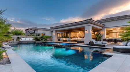 This photograph depicts a luxurious home featuring a swimming pool, showcased in a vibrant exterior setting. The composition captures the house and pool illuminated by soft evening lighting, with a backdrop of a colorful sky. This image may be suitable for architectural, real estate, and lifestyle publications.の素材