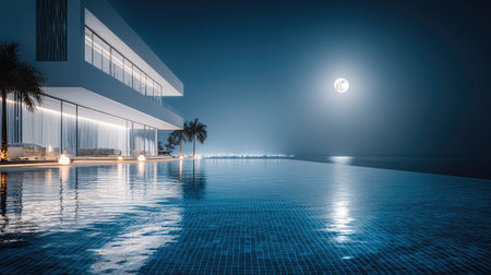 A contemporary home features an infinity pool reflecting the night sky and a full moon. The architectural design showcases clean lines and glass elements. The composition features cool blues and ambient lighting suggesting a serene, nighttime setting. Suitable for use in real estate marketing or architectural presentations.の素材