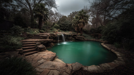 An emerald pool sits beneath a small waterfall, surrounded by layered stone and lush trees. The moody landscape, with its muted greens and browns, creates a sense of peace and natural beauty. This image could be used for various purposes, including travel, environmental, or decorative applications.の素材