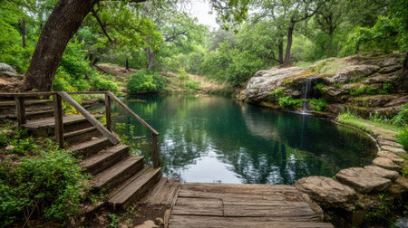 This image showcases a serene pond surrounded by vibrant green foliage. The scene includes wooden steps leading to the water, with a rocky border and lush trees providing shade. The composition features natural lighting, creating a tranquil atmosphere suitable for various commercial and editorial applications.の素材