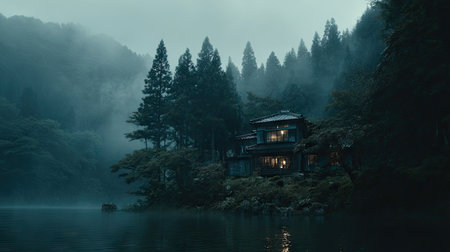 A cabin sits nestled beside a calm lake, surrounded by towering trees and shrouded in mist. The scene is illuminated by soft, natural lighting, highlighting the textures of the forest and the architecture of the dwelling. This evocative image could be used in various commercial or editorial projects seeking a sense of serenity.の素材