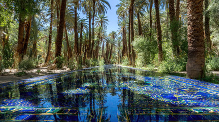 A scenic view captures a reflecting pool surrounded by tall palm trees. The composition highlights a vibrant blue water surface with intricate patterns. The image displays natural light, creating shadows on the trees and water. Potential uses include editorial features and design projects.の素材