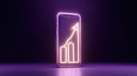 A smartphone stands out against a dark backdrop, illuminated by neon lines forming a rising graph. The visual elements suggest a digital concept, highlighting upward trends in a modern and minimalist style. The lighting creates a futuristic ambiance suitable for diverse commercial applications.の素材