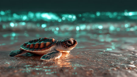 A small sea turtle rests on a wet, reflective surface, likely sand, with the ocean visible in the background. The scene features warm and cool tones, with soft lighting illuminating the turtle. The image could be used for conservation awareness or nature-themed projects.の素材