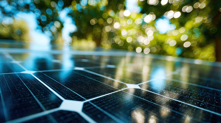 A close-up view presents a solar panel featuring a blue grid pattern. The panel reflects sunlight and the surrounding greenery of trees, suggesting an outdoor environment. The image uses shallow depth of field, with soft focus in the background. It is suitable for renewable energy and environmental concepts.の素材