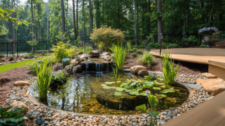 A picturesque outdoor scene features a serene pond with a small waterfall. Lush green plants and rocks border the water. The composition is bright with natural light, suggesting a daytime setting. This image is suitable for various commercial purposes, including use in environmental and landscape design projects.の素材