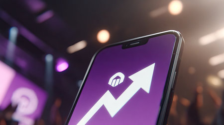 The image features a smartphone displaying a white upward arrow icon against a purple backdrop. The composition highlights technology, possibly indicating growth or progress. Soft lighting and bokeh effects contribute to a modern, commercial feel, suggesting potential use in various marketing or business-related projects.の素材