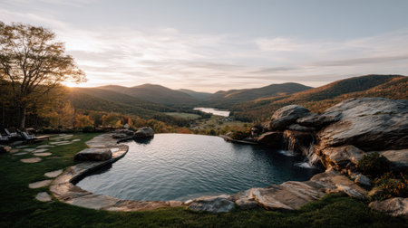 An infinity pool reflects the sky and surrounding landscape, offering a serene view of rolling hills and a distant lake. The composition showcases natural textures with rock formations and green foliage. Warm sunlight bathes the scene, creating a peaceful atmosphere suitable for travel and lifestyle content, or environmental design.の素材