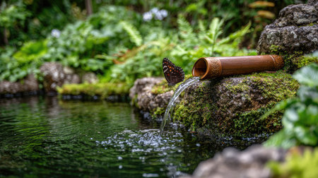 A close-up view presents a serene garden scene featuring water gently cascading from a bamboo spout. The image showcases rich green foliage, moss-covered rocks, and a calm water surface. Warm lighting enhances the natural textures, suggesting a peaceful, outdoor environment suitable for various commercial uses.の素材