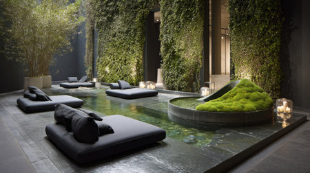 This interior scene showcases a relaxation area within a modern spa, featuring a pool-like water element and several lounge areas. The visual includes various shades of green, black and gray with soft lighting. This serene design could be used for various projects related to wellness and leisure.の素材